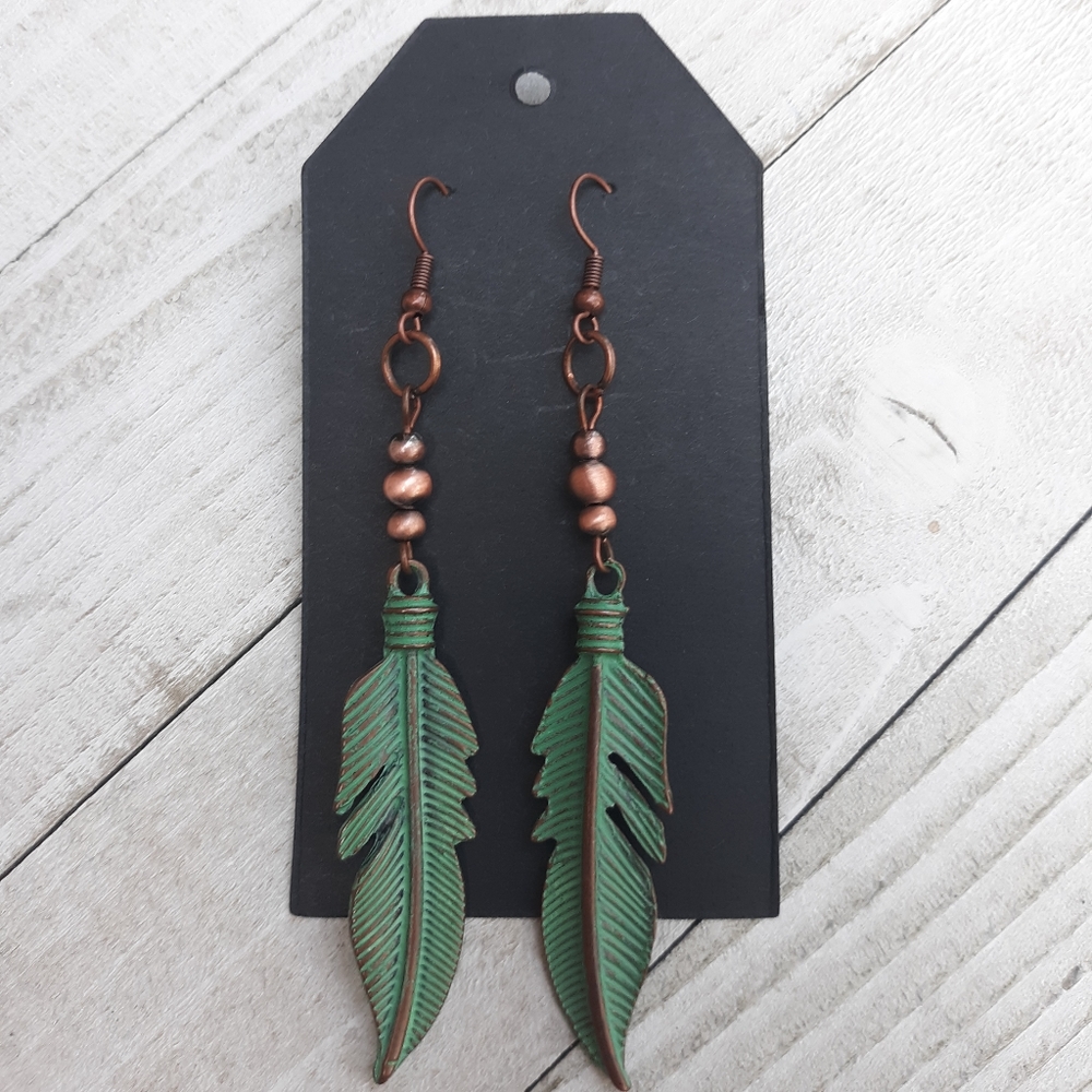 Long "patina/copper" Feather Earrings
